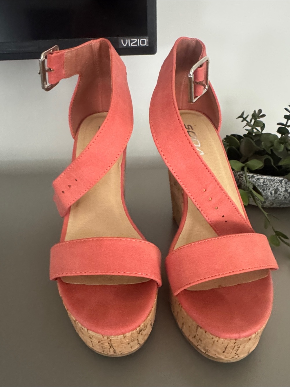 Soda Coral Pink Suede Cork Wedge Sandals with Ankle Buckle - Picture 3 of 4